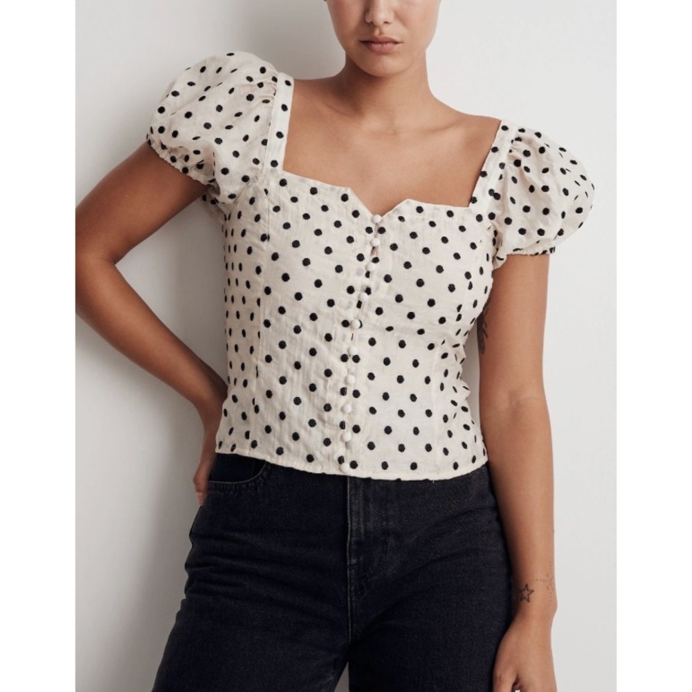 Madewell Embroidered Organza Puff-Sleeve Top black embroidered polka‎ dot SZ: 0